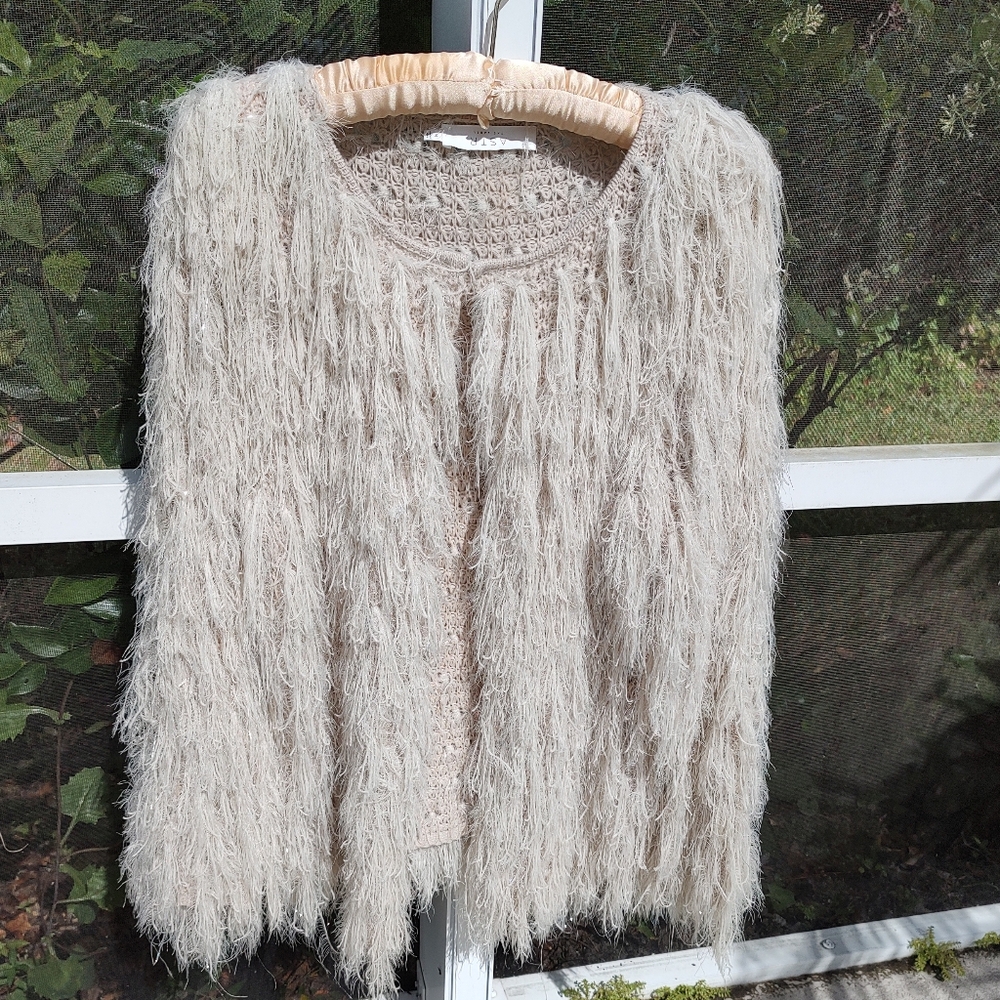 ASTR The Label Eyelash Sweater Cardigan Beige Silver Tinsel Shaggy Fuzzy Medium